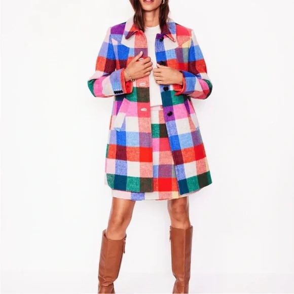 Boden Lincoln wool check coat multi color rainbow checkered coat jacket NWOT - Picture 5 of 11
